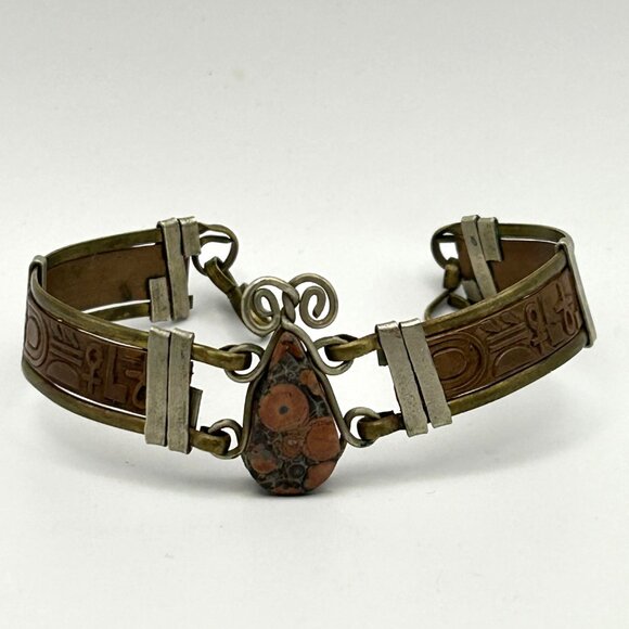 Vintage Egyptian Revival Jasper Stone Bracelet Brass Mixed Metal 6.75 in - Picture 15 of 16